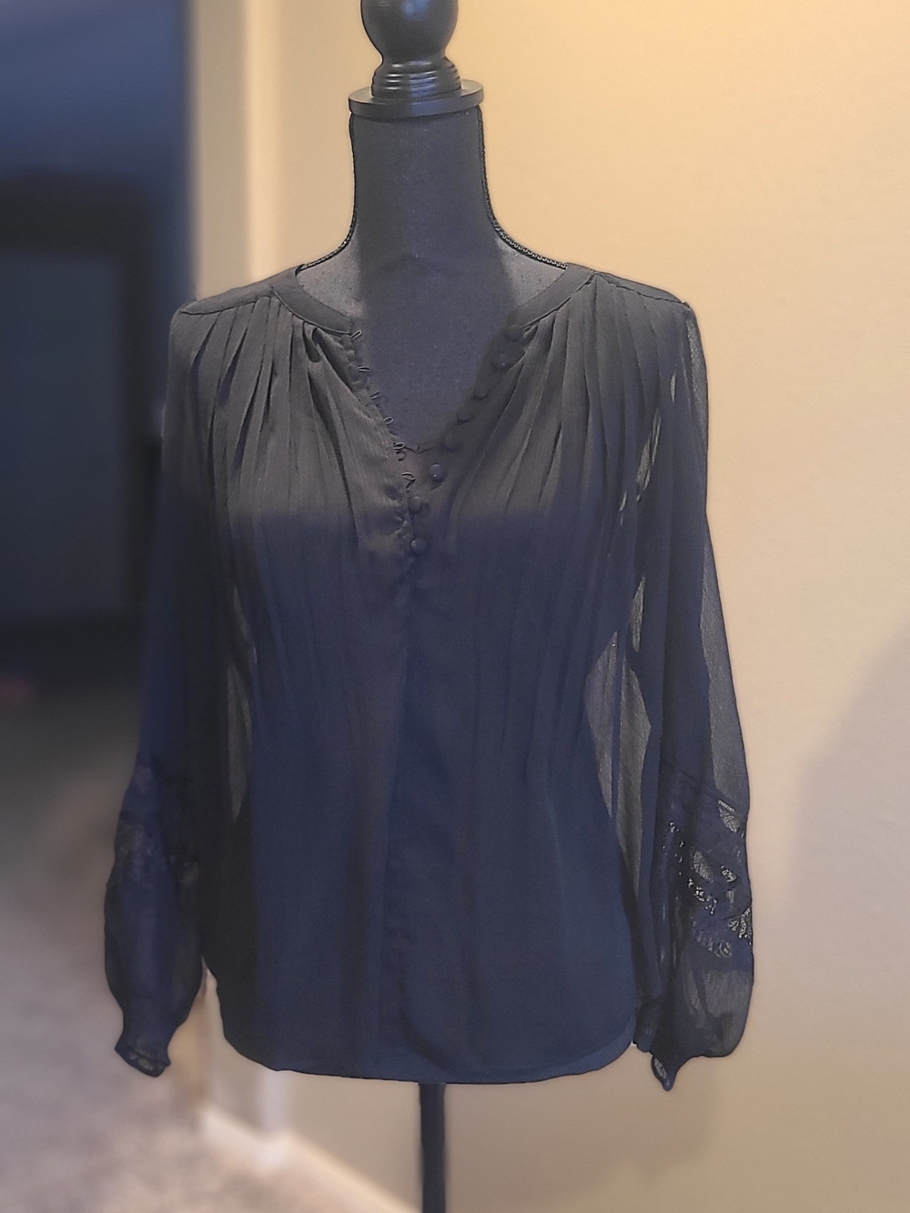 Simply Vera/Vera Wang Black Sheer Pleated Button-Up Blouse with Silk Camisole